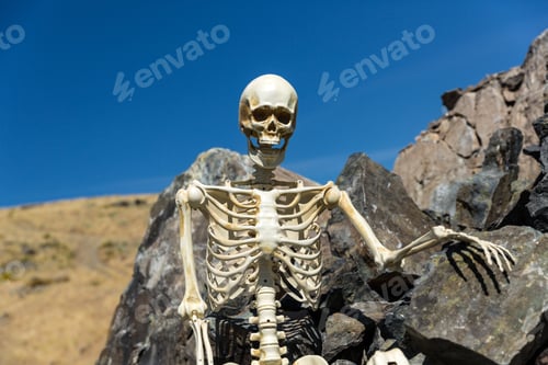 Preview: Skeleton Sitting On Rocks Relaxing In The Desert With A Beautiful Blue Sky
