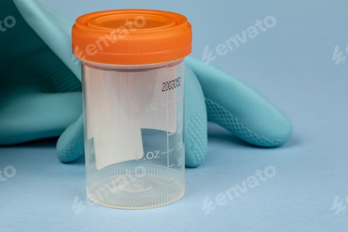 Preview: An Empty Urine Sample Bottle On A Blue Background With A Blue Latex Rubber Glove