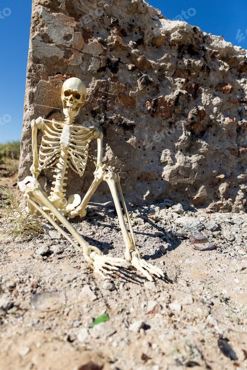 Preview: Skeleton Posing In Mining Ruins In The Desert On A Hot Day