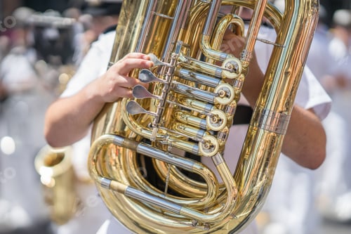 Preview: Tuba Player In A Military Or Marching Band Playing During A Parade Or Festival On A Sunny Day