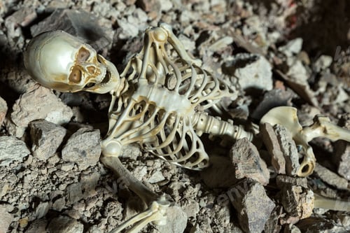 Preview: Skeleton In A Dark Cave In The Ground Lying On Rocks
