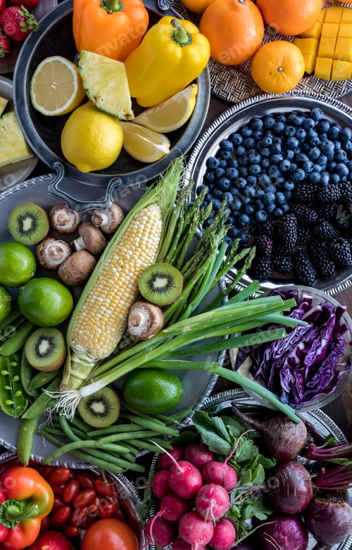 Preview: Top Down View Of Various Fresh Fruits And Vegetables Arranged In Rainbow Colours.