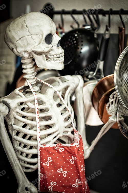 Preview: Scary Halloween Skeleton In The Kitchen Getting Ready To Prepare Food For The Holiday