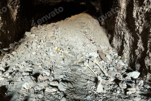 Preview: Skeleton In A Dark Cave In The Ground Lying On Rocks