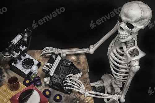 Preview: Human Halloween Skeleton With A Typewriter, Telephone And Cookie On A Plate