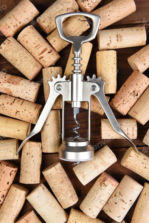 Preview: Overhead Shot Of A Wing Style Corkscrew On A Group Of Corks.