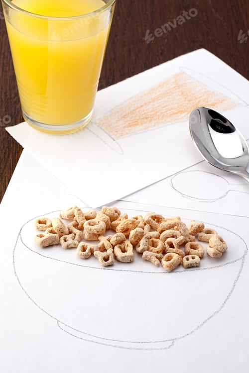Preview: Cereal and Orange Juice Over Child's Bowl Drawing