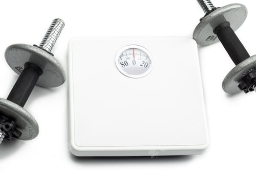 Preview: Image Of Weight Scale And Dumbbells Isolated On White Background