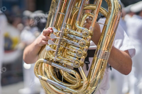 Preview: Tuba Player In A Military Or Marching Band Playing During A Parade Or Festival On A Sunny Day