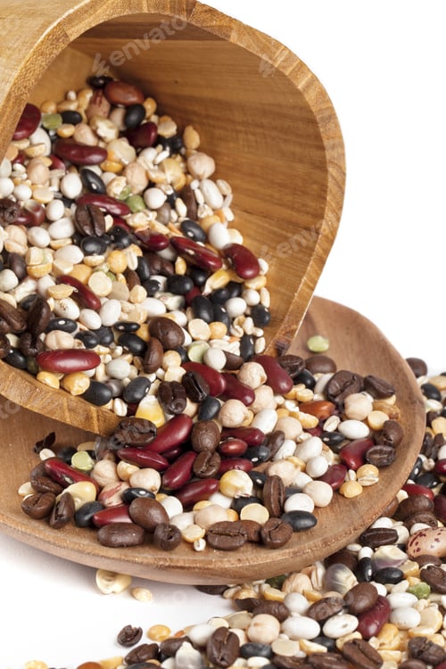 Preview: Close-Up Shot Of Various Beans In Wooden Container And Plate.