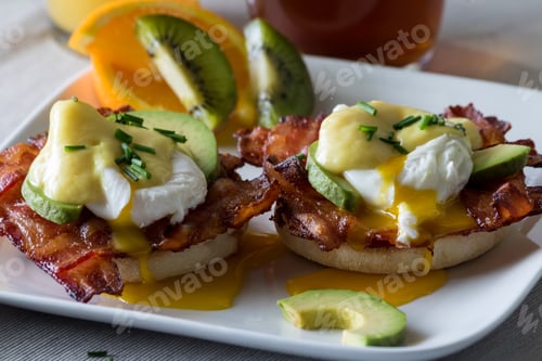 Preview: A Close Up View Of A Plate Of Eggs Benedict Ready For Breakfast.