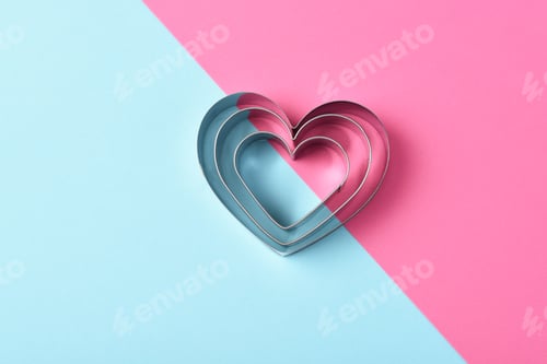 Preview: Valentines Day Concept: Nested Heart Shaped Cookie Cutters On Pink And Blue With Copy Space.