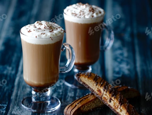 Preview: Hot Tea With Whip Cream And Chocolate Sprinkles In Vintage Glasses Paired With Salted Caramel