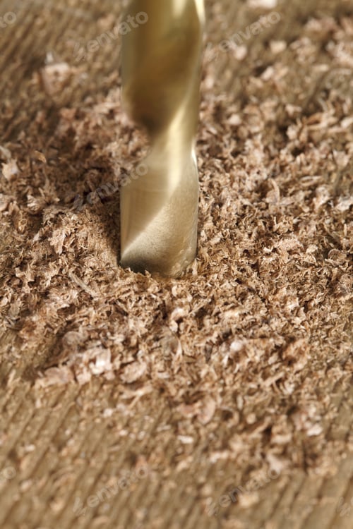 Preview: Close Up Image Of Drilling A Hole Piece Of Wood Plank