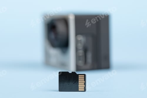 Preview: A Micro Sd Card For Storing Photos And Video With An Action Camera In The Background