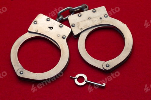 Preview: Metal Police Handcuffs On Color Background With Key.