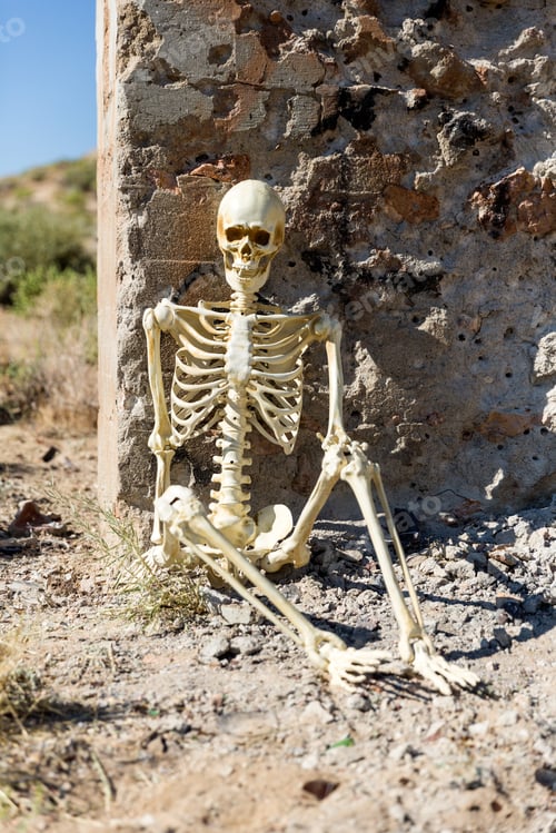 Preview: Skeleton Posing In Mining Ruins In The Desert On A Hot Day