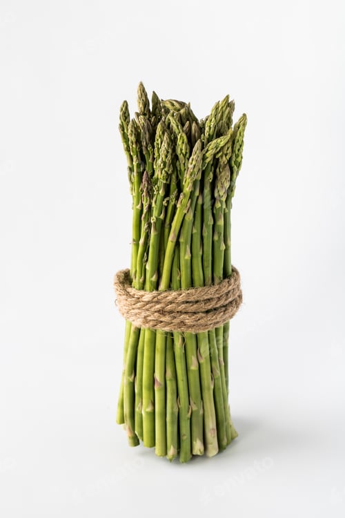 Preview: A Close Up View Of A Bunch Of Asparagus Spears Standing And Wrapped In Rope Against A Light