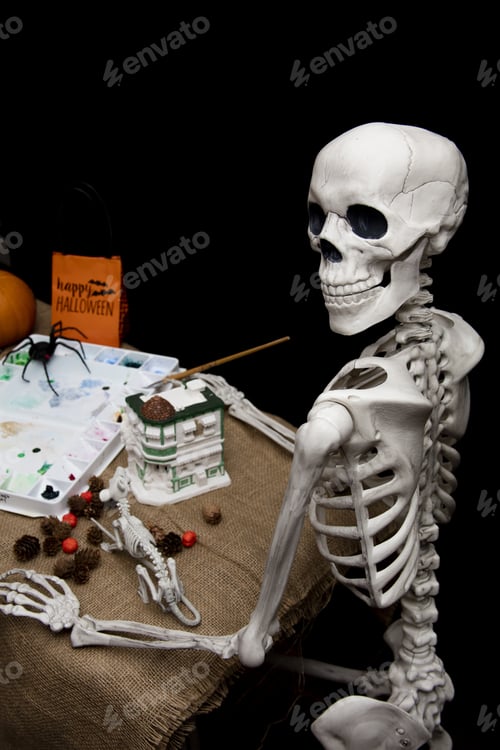 Preview: Halloween Skeleton Holding A Brush And Painting Statuary And Decorations For The Celebration