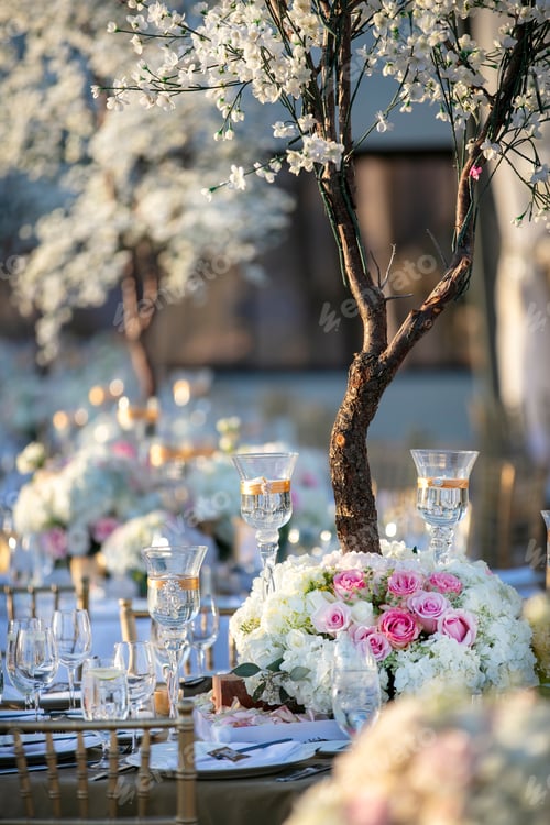 Preview: Wedding Party Table Decor For A Ceremony During The Springtime With Pink And White Roses As Decor
