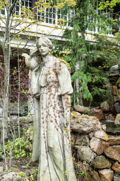 Preview: Old Statue Of Woman And Bird With Ivy In Garden