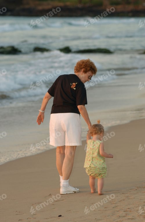 Preview: "Rear View Of A Woman And A Child Walking On The Beach, Hawaii, (Keith Levit)"