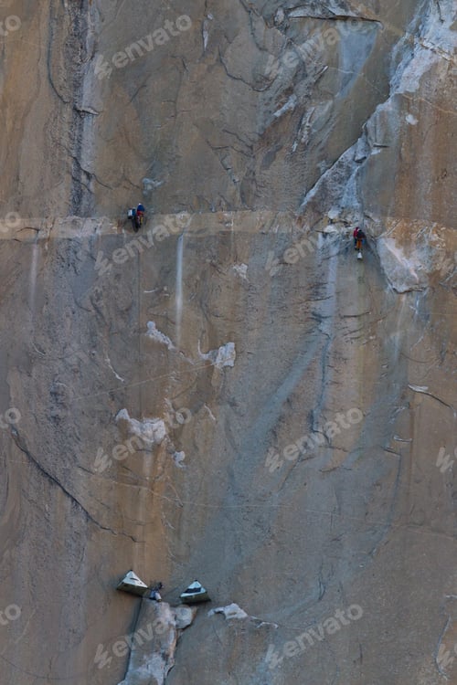 Preview: Camping Tents Suspended From The Cliff And Two Sets Of Climbers On The Granite Walls Of El Capitan