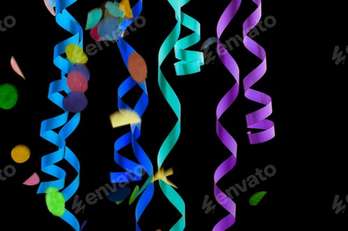 Preview: Close-Up Cropped Shot Of Colorful Streamers And Confetti On Dark Background.