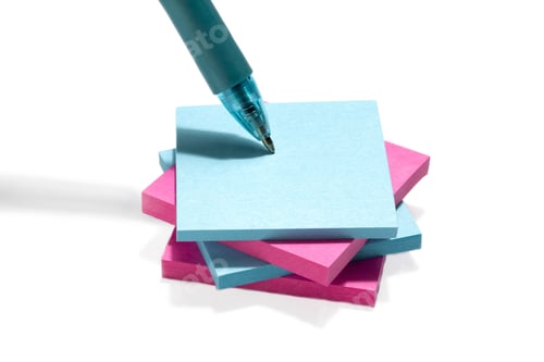 Preview: Image Of Blue And Pink Post It Note Paper With Pen Against The White Background