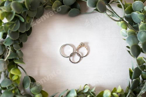 Preview: Whtie Gold And Gold Wedding Bands On White Fabric Surrounded By Greenery For A Wedding Ceremony