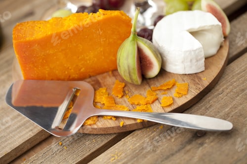 Preview: Close-Up Shot Of Cheese Slicer With Cheese And Dig Fruit On Wooden Board.