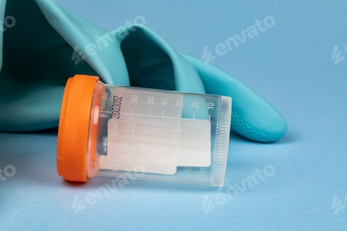 Preview: An Empty Urine Sample Bottle On A Blue Background With A Blue Latex Rubber Glove