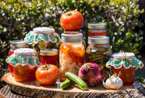 Preview: Close Up Of An Arrangement Of Canned Jars Of A Variety Of Preserves On A Wooden Platter Outdoors In