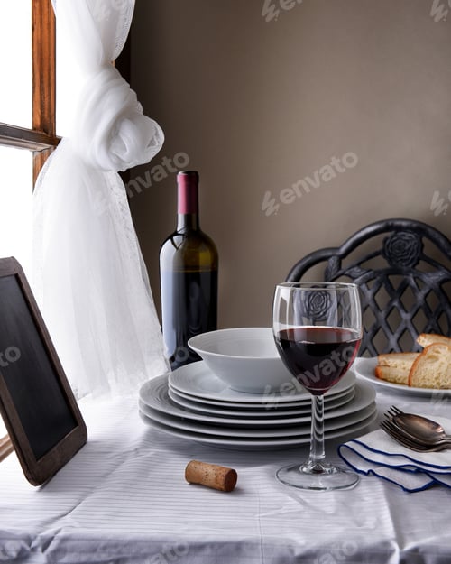 Preview: A Restaurant Still Life With Chair, Table, Window And Blank Chalk Menu Board. A Wine Bottle With