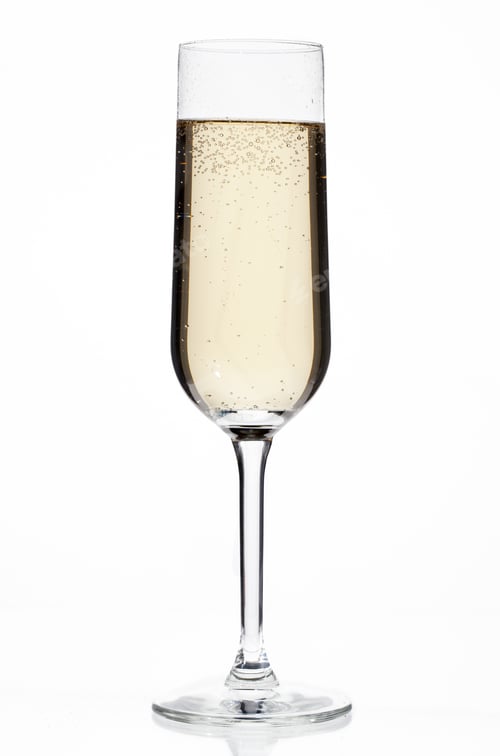 Preview: Close-Up View Of Champagne Flute Filled With Champagne Over Plain White Background.