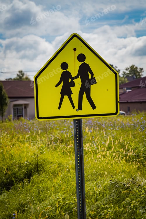 Preview: School Crossing Warning Sign In Rural Area.