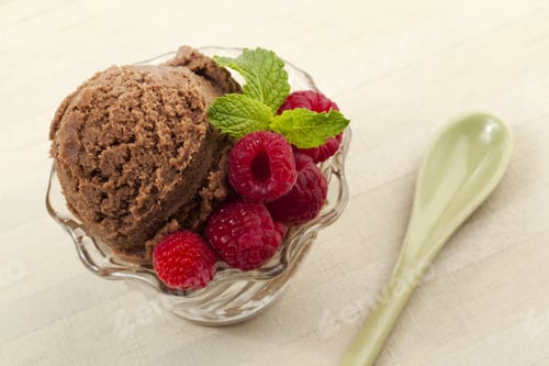 Preview: Delicious And Creamy Chocolate Ice Cream With Fresh Fruit Raspberries