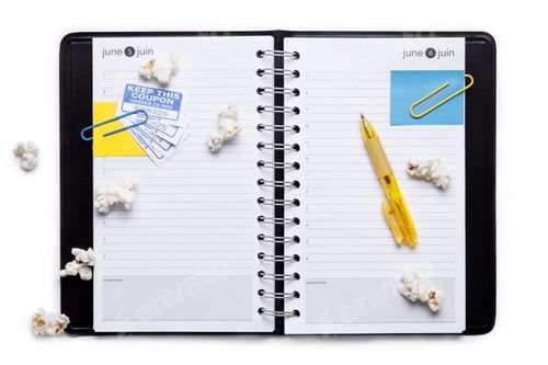 Preview: Image Of Notebook Organizer With Paper Clips, Pop Corn, Ball Pen Against White Background