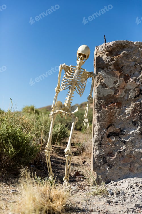 Preview: Skeleton Posing In Mining Ruins In The Desert On A Hot Day