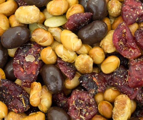 Preview: A Very Close View Of Trail Mix With Soy Beans, Dried Cranberries And Pumpkin Seeds Sprinkled With