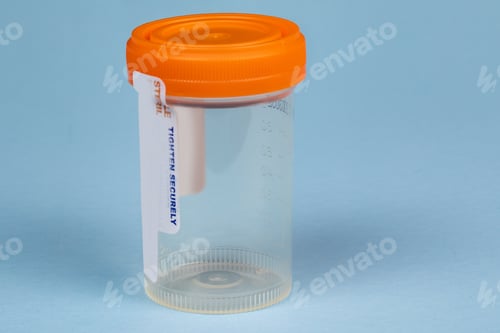 Preview: An Empty Urine Sample Bottle On A Blue Background With An Obscured Label