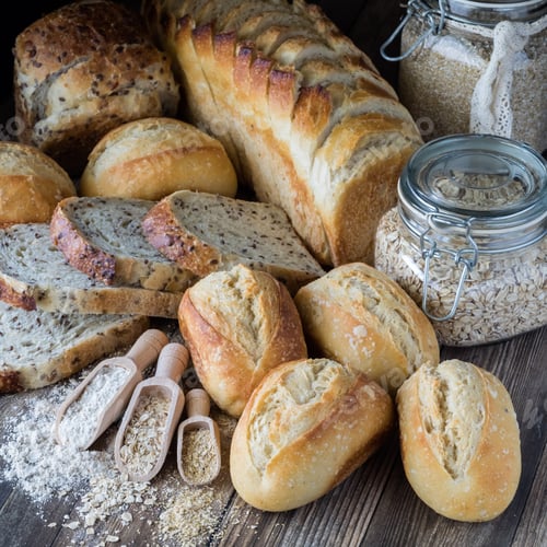 Preview: Close Up Of An Arrangement Of Various Sourdough Breads And Buns With Ingredients Of Flour And Oats.