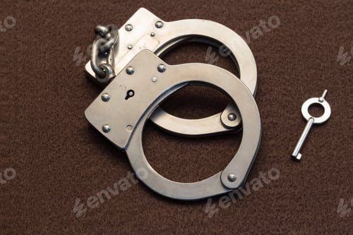 Preview: Metal Police Handcuffs On Color Background With Key.