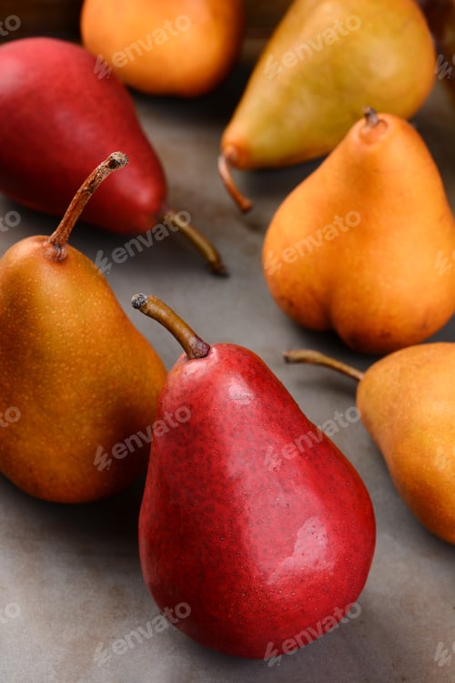 Preview: Closeup Of Bosc And Red Pears, Shallow Depth Of Field With Focus On The Front Piece Of Fruit.
