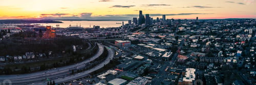 Preview: Sunset Afterglow Aerial Cityscape Panorama Above Seattle