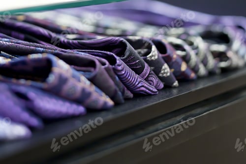 Preview: Colored Striped Silk Designer Ties In Shades Of Purple On Display In A Retail Store