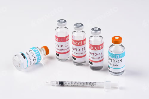 Preview: Two Different Types Of Covid-19 Vaccines On White With A Syringe In The Foreground.