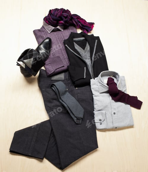 Preview: Close-Up Shot Of Button Down Shirt With Tie, Shoes, Pants And Socks.