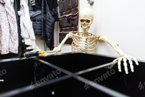 Preview: Bony Skeleton Assembling A Black Wooden Shelf