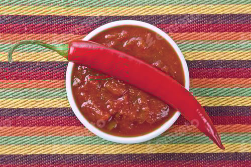 Preview: Close Up Image Of Bowl Of Spicy Salsa Dip With Red Chili Pepper